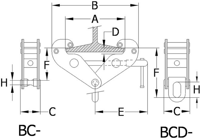 Drawing featuring Beam Clamps with Shackle and without for use with above grid.
