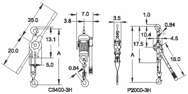 Drawing showing the Specifications and Dimensions of the Cable Pullers