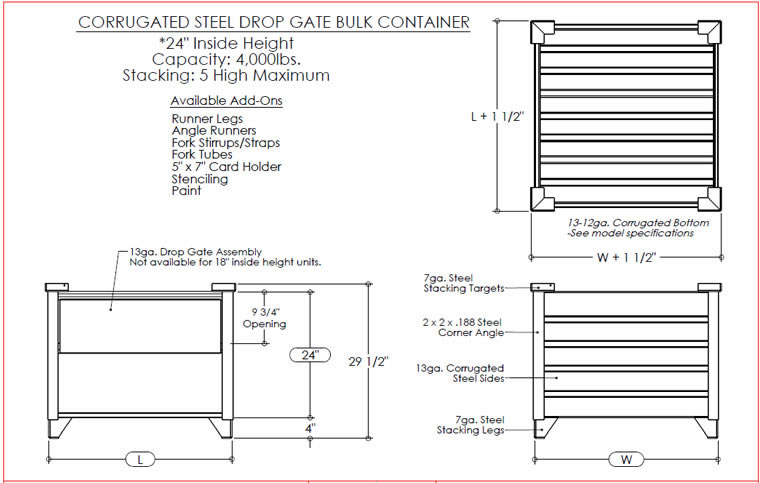corrugated steel drop gate bulk container
