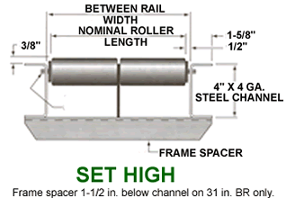 In 297Sc-17-45 : 17 Roach Conveyor Rollers Set: High +1/4 Scrv-45-17 Between Frame 32 1/2 In Inside Radius Inside Radius: 32 1/2 45 Deg Curve Roller Desc: 9 Single