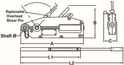 Walk-e-Dog Long Pull Wire Rope Hoist drawing for use with Specifications table.